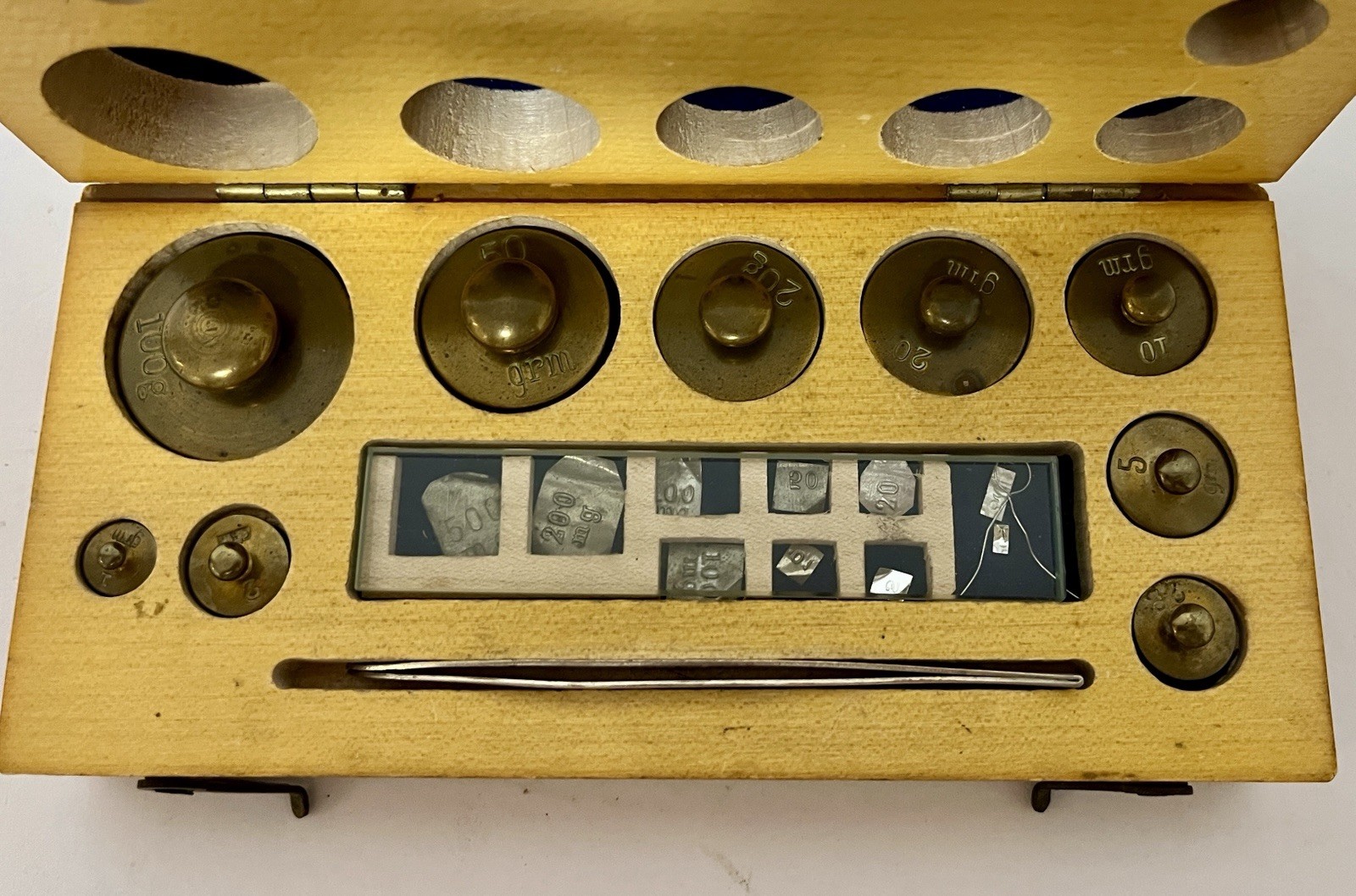 Antique Vintage Chemist Travelling Brass Weights and Tweezers in Box