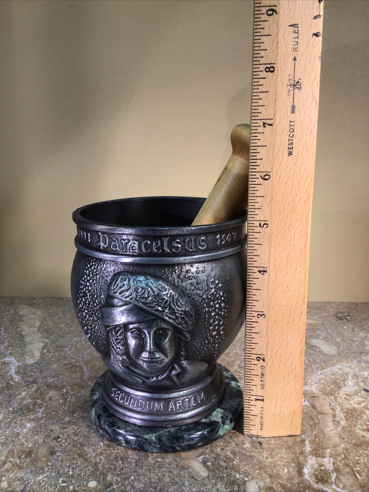Vtg ￼Pewter￼ Mortar & Pestle Display Only By Schering Corp. On Marble Base 1988