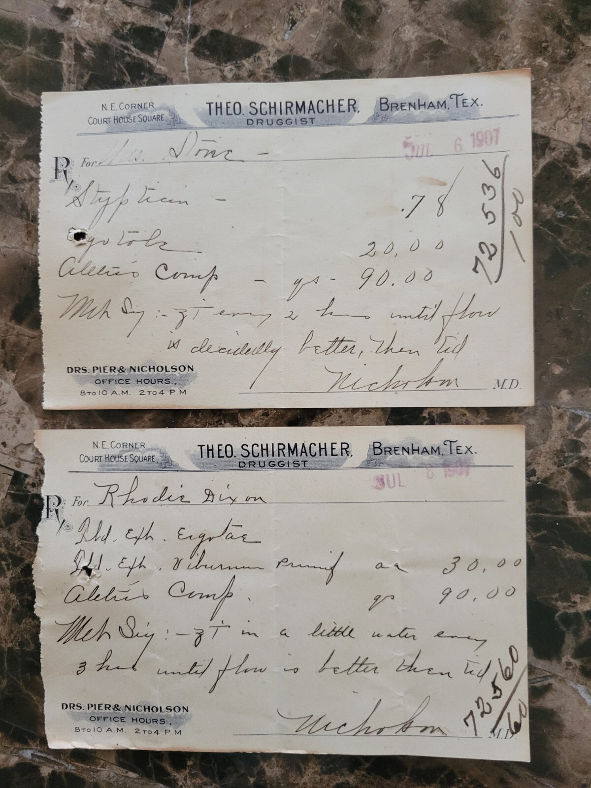 File box & 98 antique prescriptions (1907) – Opium, Ergot, Codeine & Anodyne