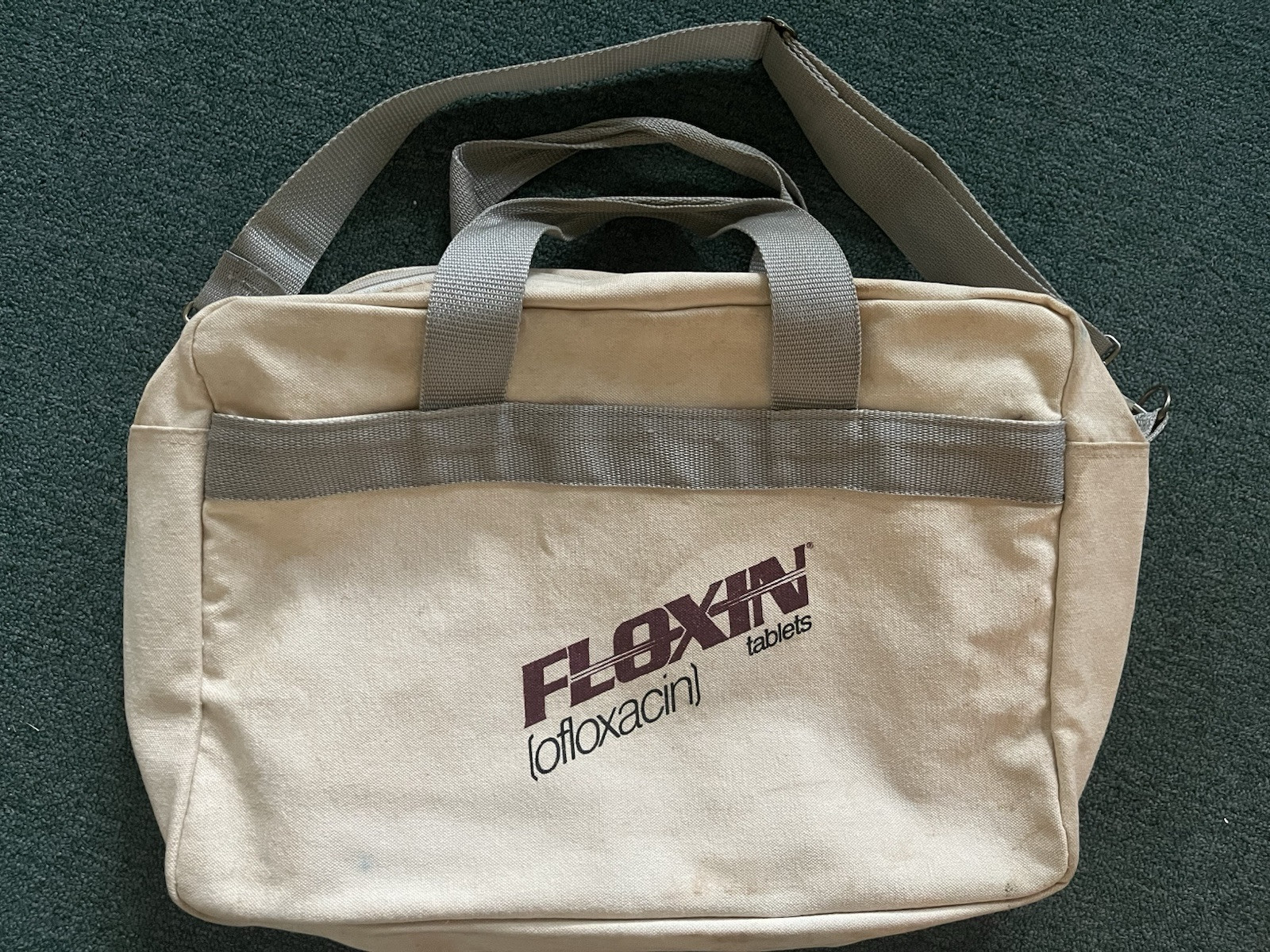 Drug rep Floxin 2 ceramic mugs, paperweight thermometer, canvas laptop bag