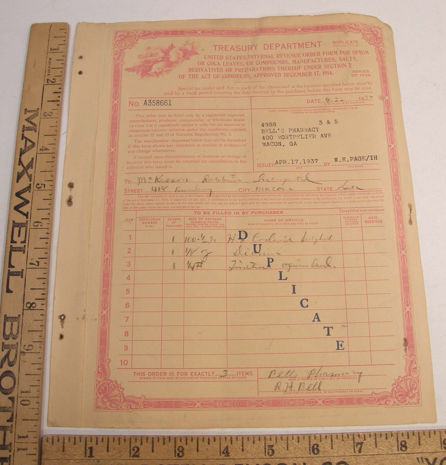 VINTAGE 1936 US TREASURY DEPT REVENUE FORM COCA LEAVES OR OPIUM MACON GEORGIA