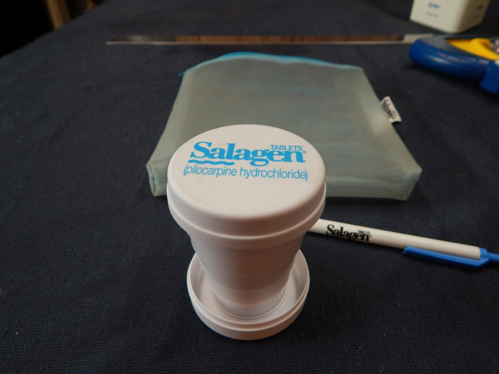 Vintage Salagen Drug Rep Pen Collapsible Cup Pill Holder & Zippered Bag 3pc set