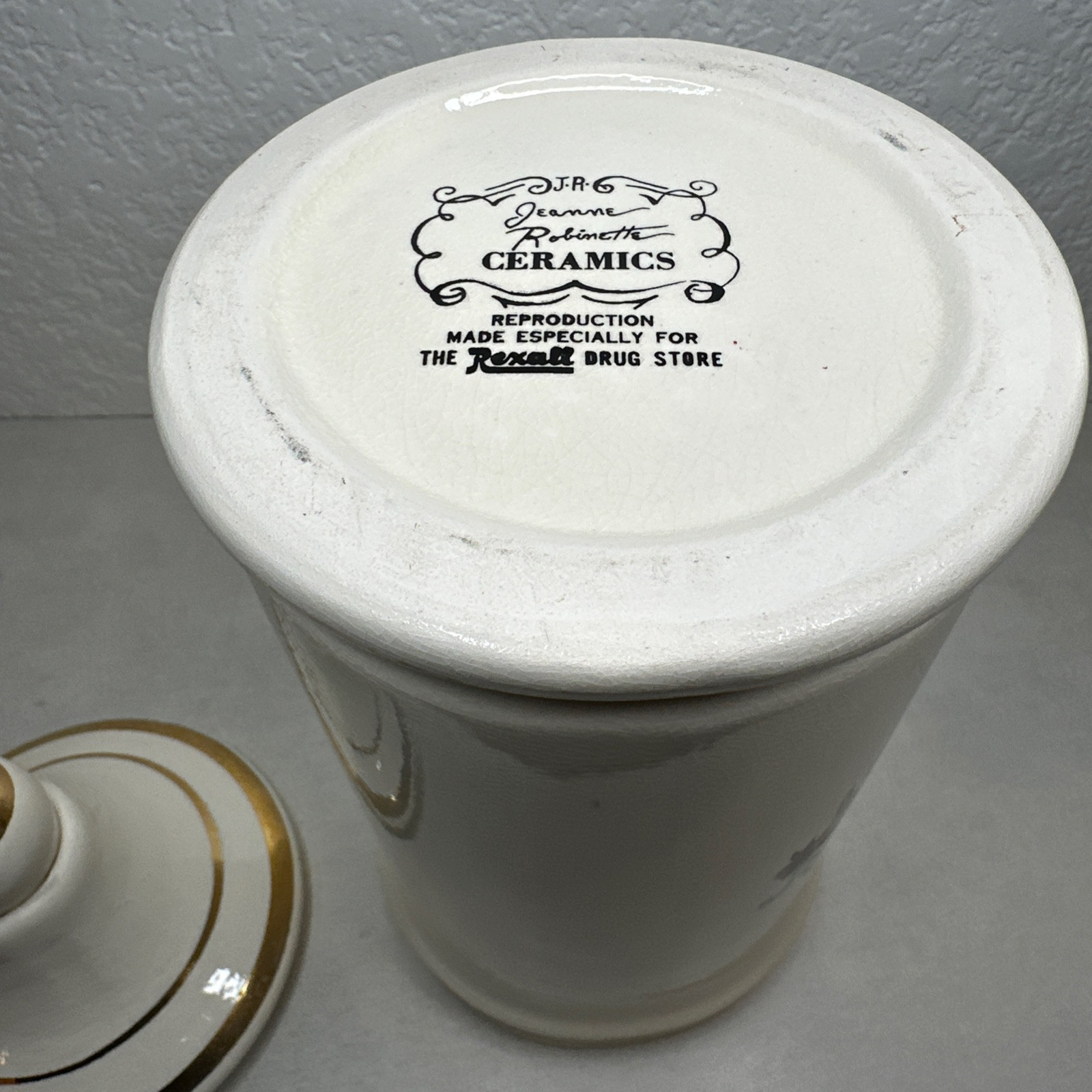 Vintage Jeanne Robinette Ceramics~Carbo Ligni Apothecary Jar, Rexall Drug Store