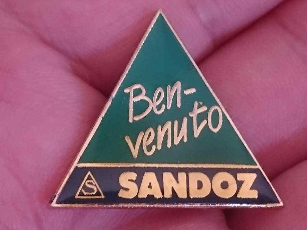 SANDOZ Pharmaceuticals pin LSD Albert Hofmann – BENVENUTO logo pin badge