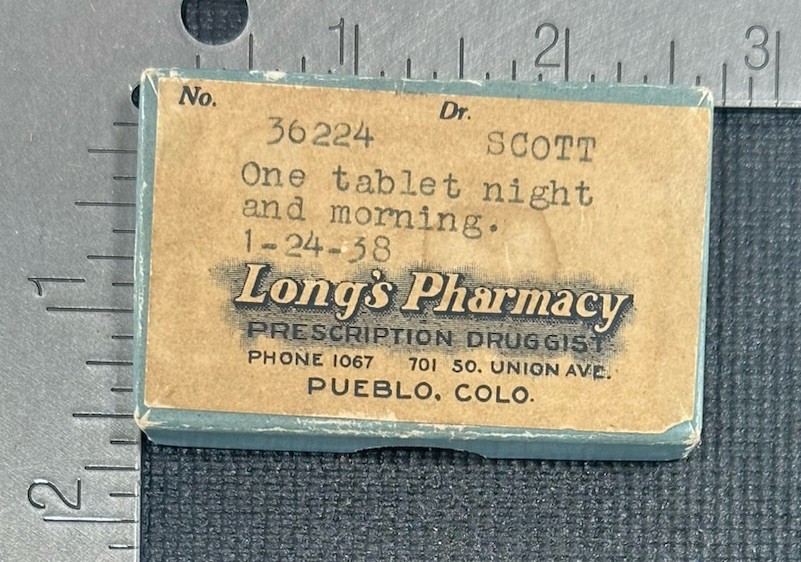 Vintage 1958 Long’s Pharmacy Pueblo CO Prescription Pill Box Drug Store Rx