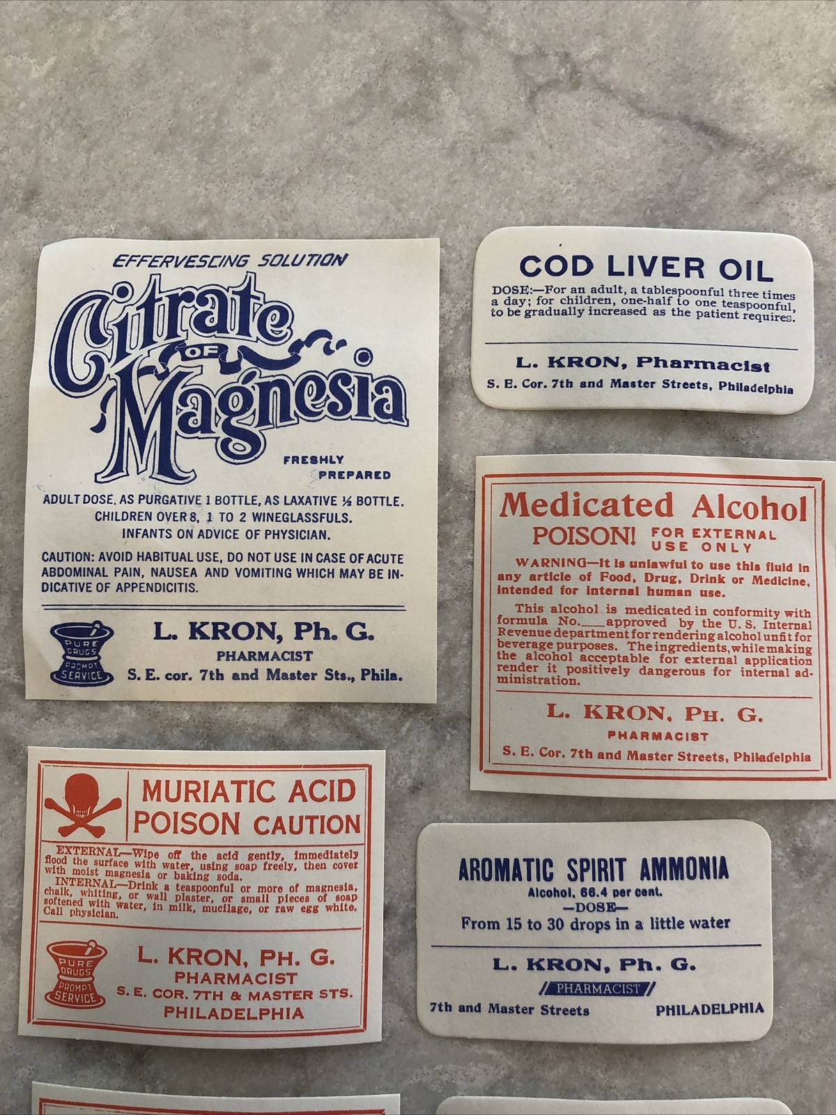 Lot 24 Antique Medicine Bottle Labels Opium, Poison – L. Kron Ph. G. Phila.