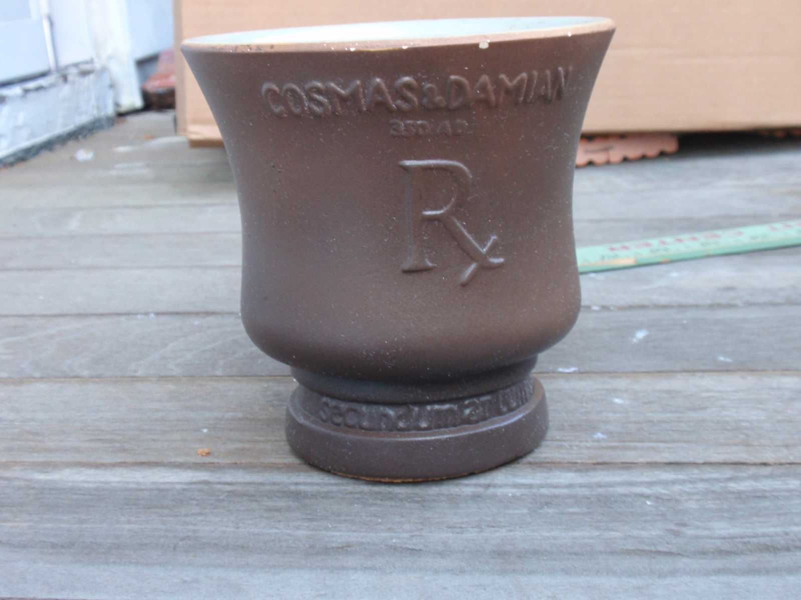 VINTAGE STONE/CERAMIC MORTAR COSMAS & DAMIAN PHARMACY 5 IN. TALL