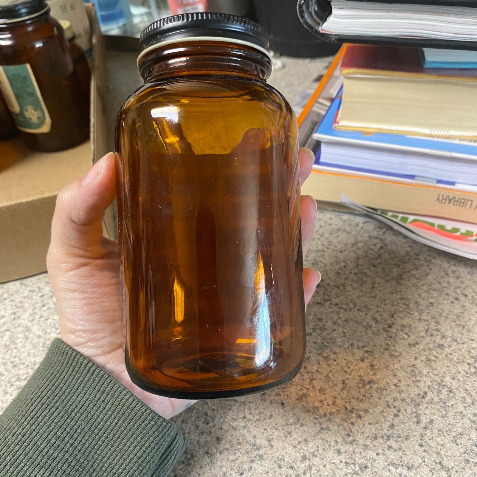 Vintage Merck Potassium Hydroxide Amber Glass Jar Poison Label 1lb Dark Academia