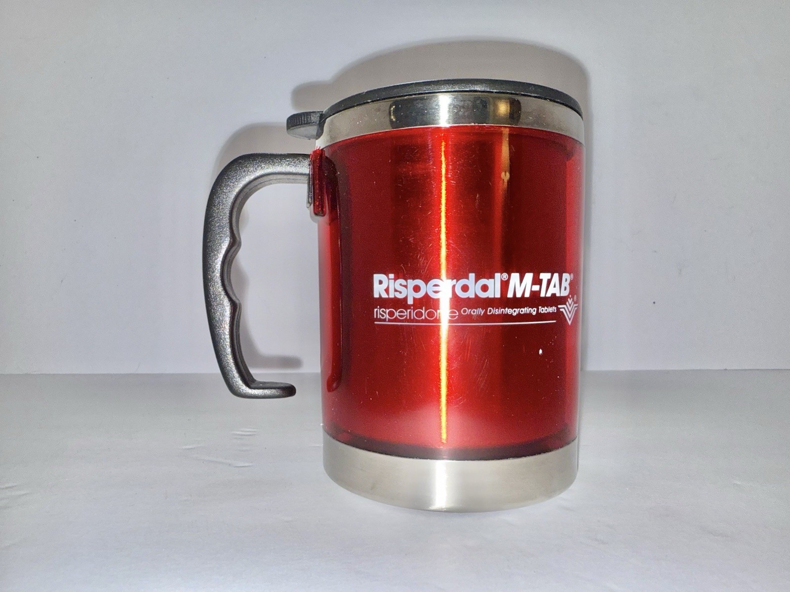RARE Pharma Drug Rep Red Risperdal Coffee Mug & Lid To Go Cup Plastic & metal