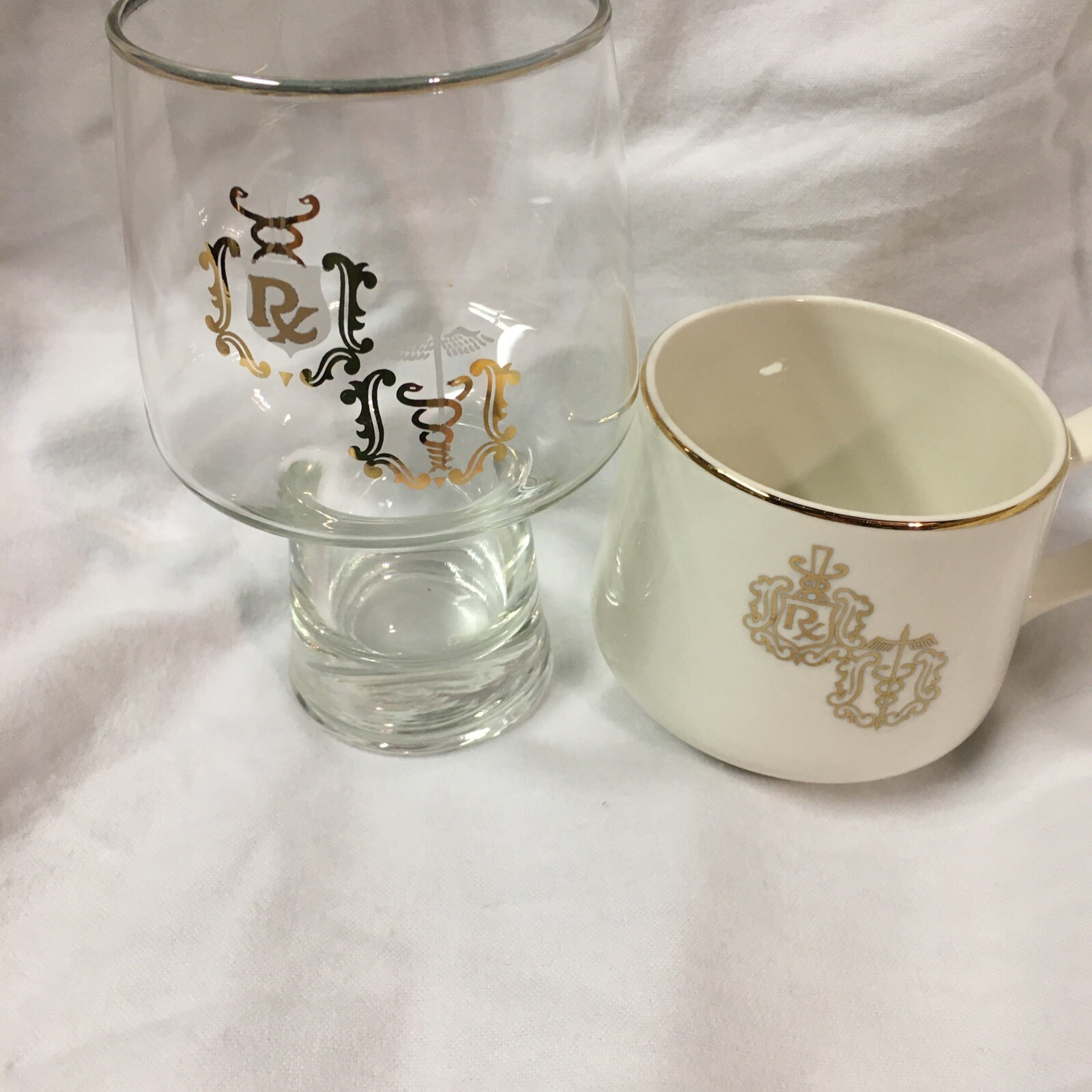 DOCTOR PHARMACIST Apothecary CADUCEUS RX GOLD RIM Coffee Cup and Glass Set