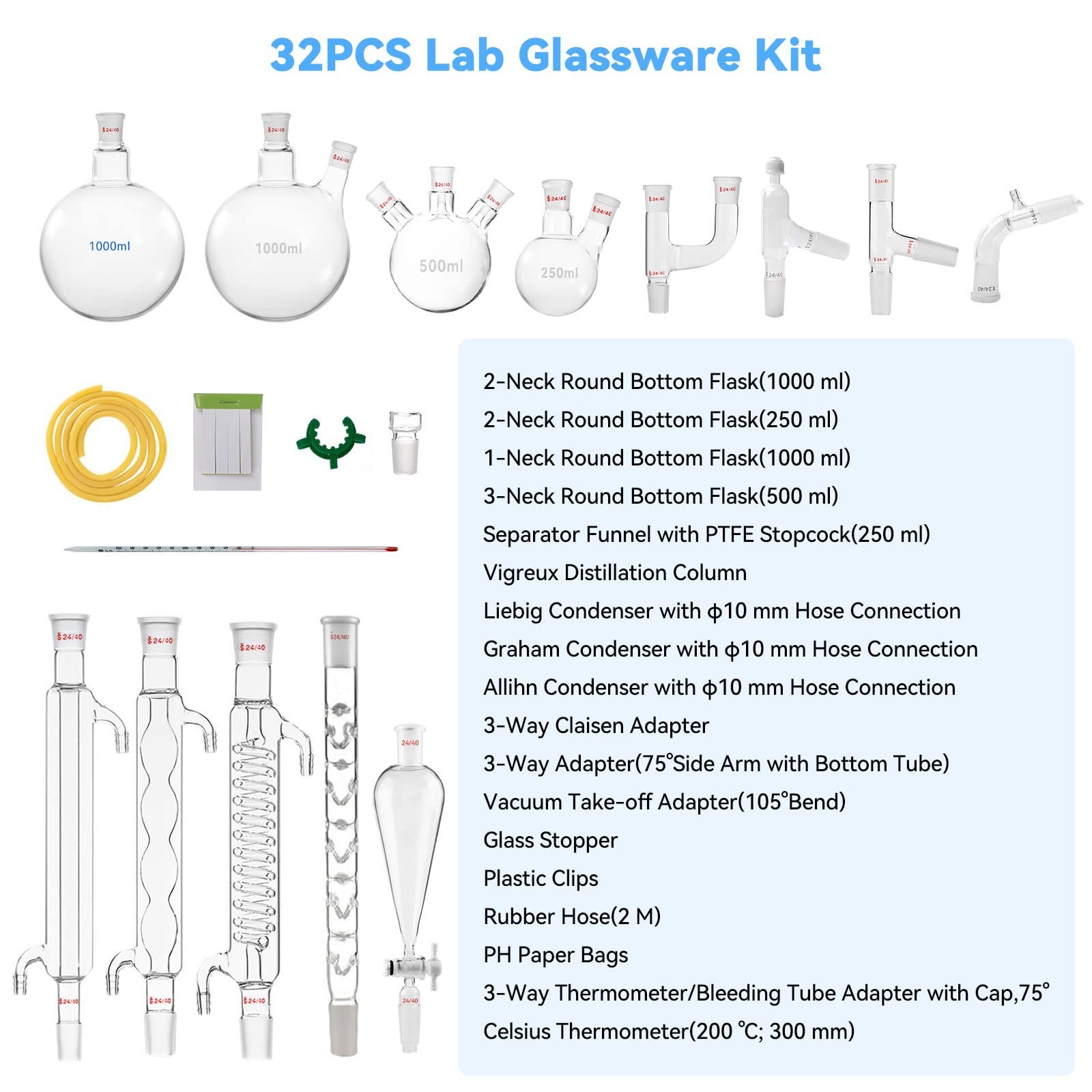 Chemistry Glassware Set – 32PCS Laboratory Glassware Kit with 24/40 Joint 100…