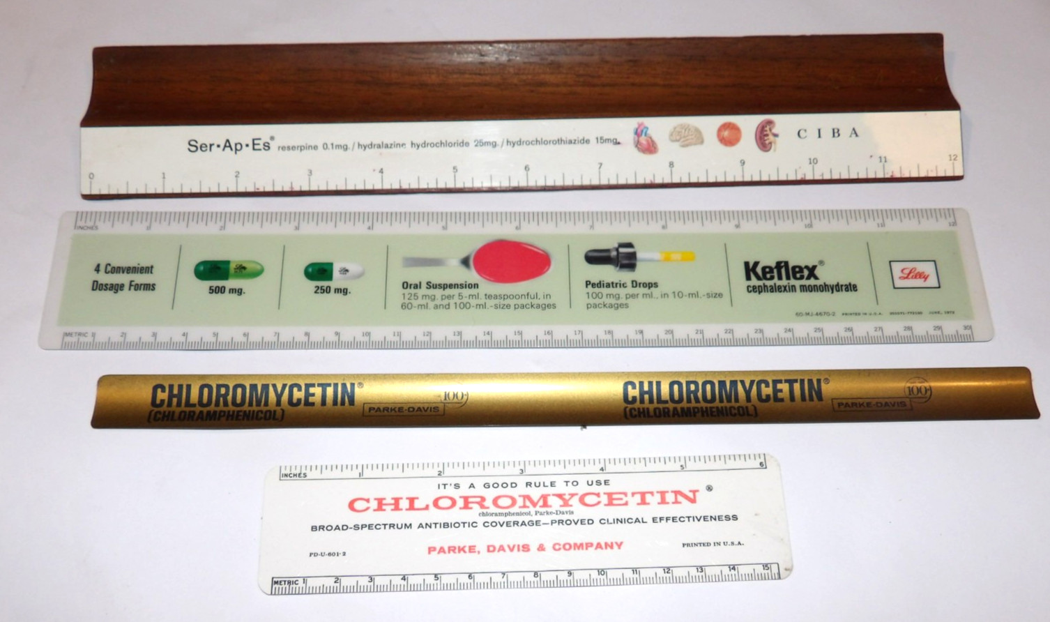 4 VINTAGE 1960s-70s PHARMACUTICAL ADVERTISING RULERS! CIBA/LILLY/PARKE-DAVIS!