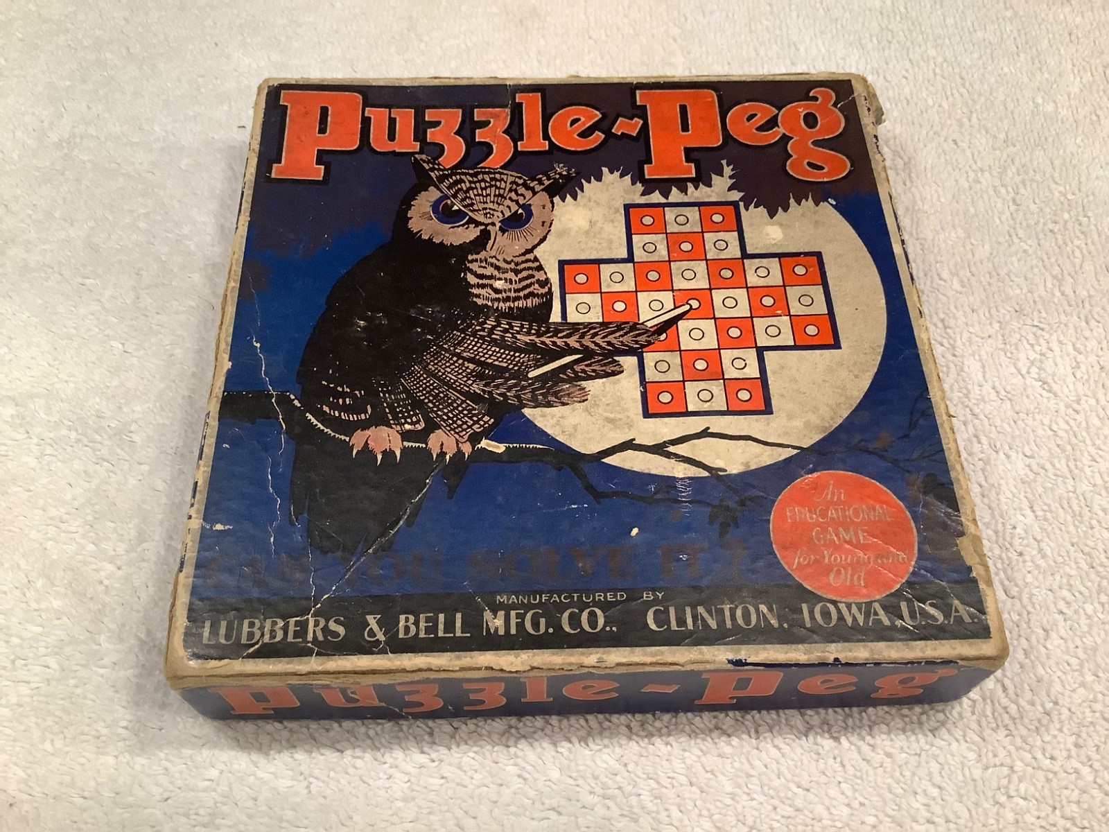 VTG 1920s Puzzle-Peg Game Lubbers & Bell Clinton Iowa Wood Board Pegs Booklet