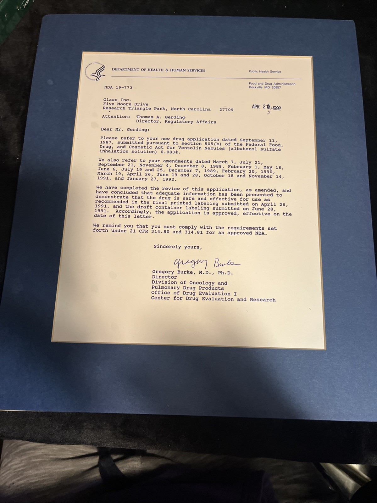 Paper FDA Approval Letter, 11×13 Matted