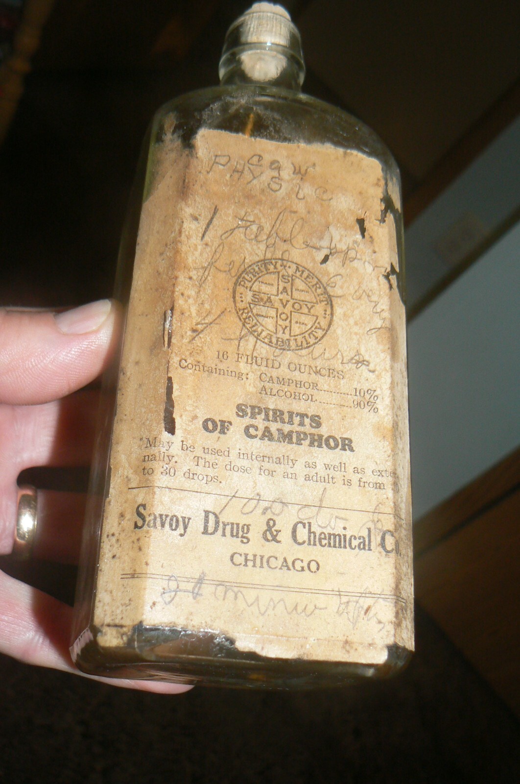 SUPER RARE 1890s SAVOY DRUGEIST LABELED CLEAR SQUAR CORK BOTTLE. CHICAGO. ILL.