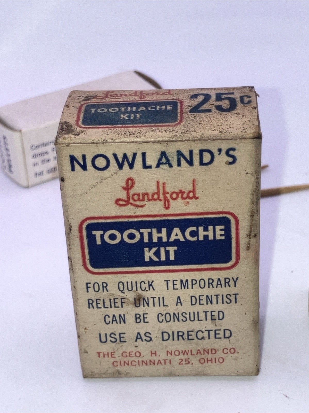 Nowland’s Langford Toothache Kit Vtg Box Bottle Cotton Pellets