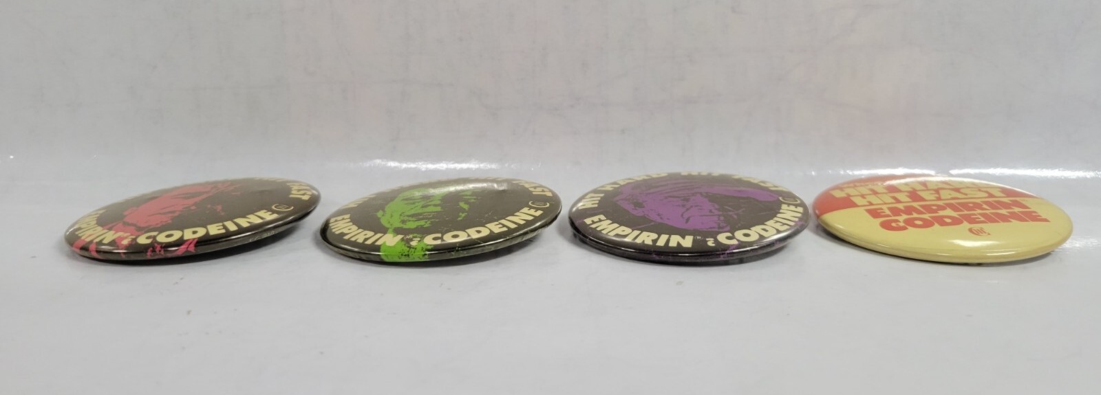Vtg Lot of 4 Empirin Codeine “Hit Hard Hit Fast” Pharmaceutical Button/Pinback