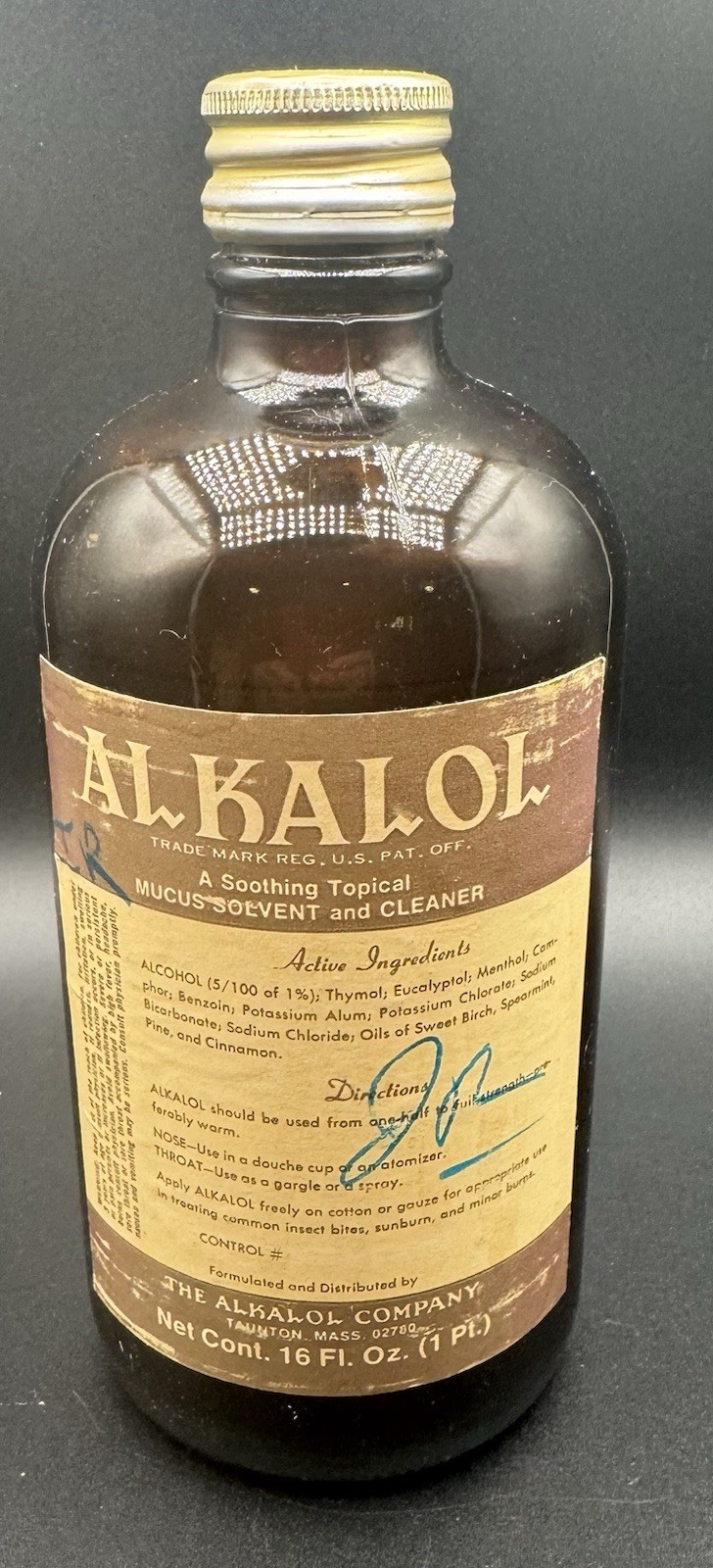 Vintage Alkalol Soothing Topical Mucus Solvent and Cleaner Full Brown Bottle