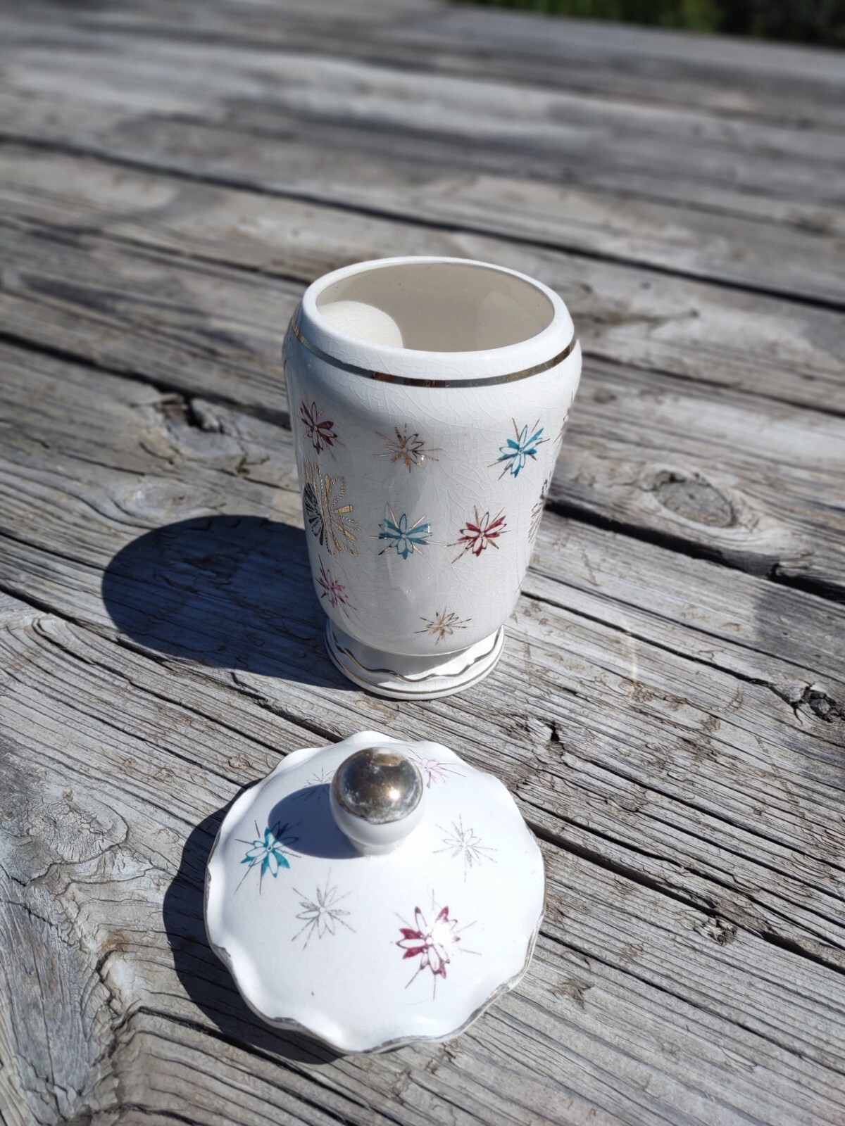 Vintage Royal Sealey Ceramic Apothecary Jar with pink, Turquoise, and Gold (C-3