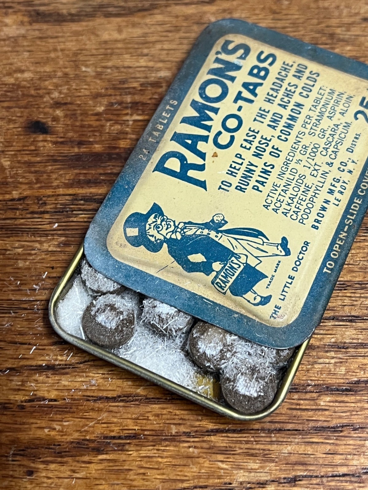 Vintage Ramon’s Co-Tabs Headache Medicine Advertising Tin w/ Contents Brown Mfg