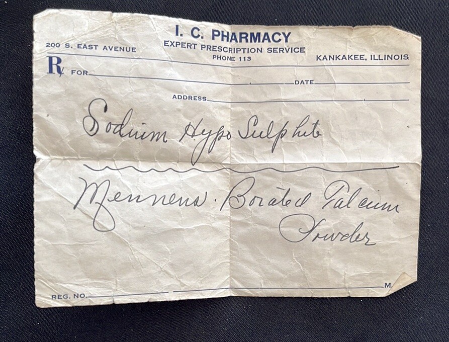 Vintage I.C. Pharmacy Prescription~Kankakee, Illinois~Medical Ephemera