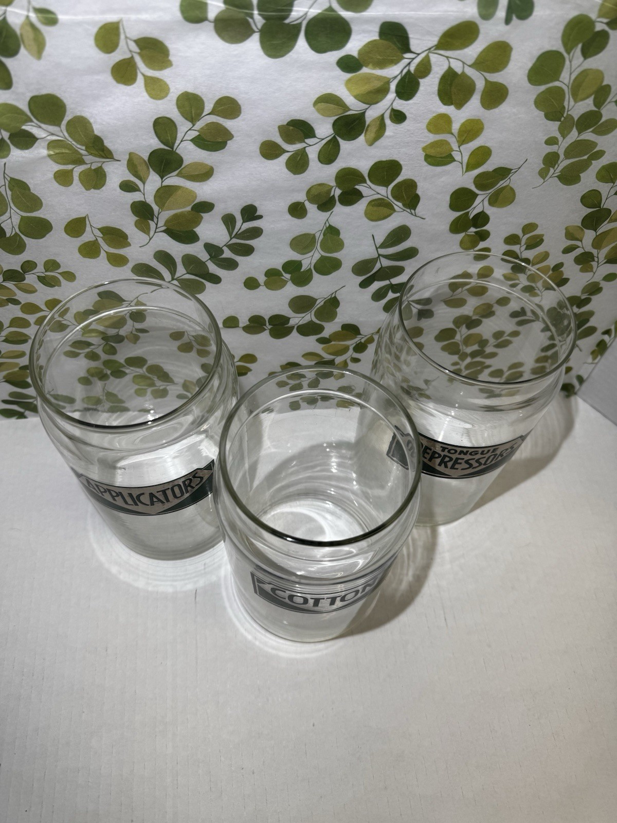Vintage Set Of 3 Apothecary Jars Cotton Applicators Tounge Depressors Glass