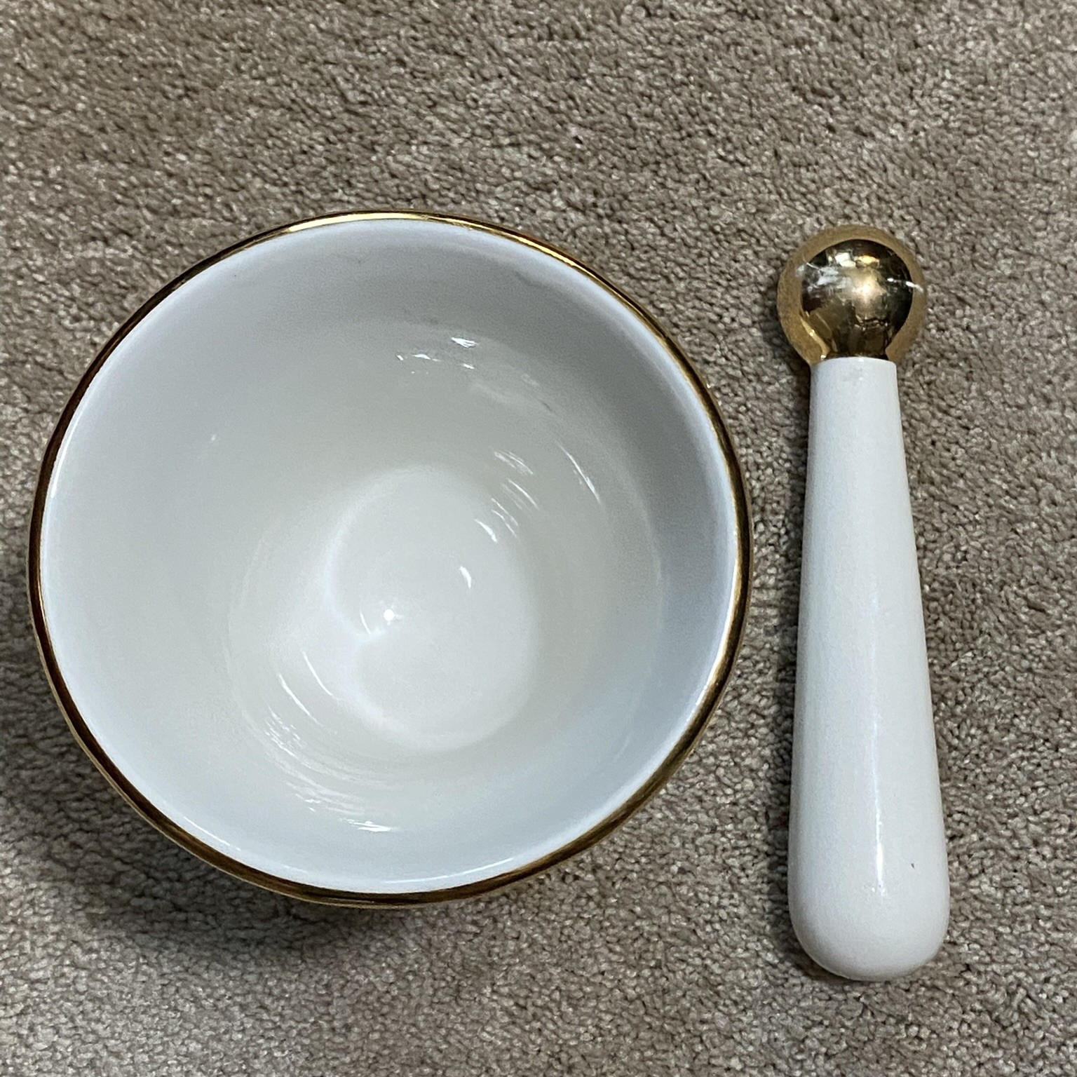 Vintage Owens-Illinois Porcelain Pharmacy Apothecary Mortar & Pestle Set Gold Rx