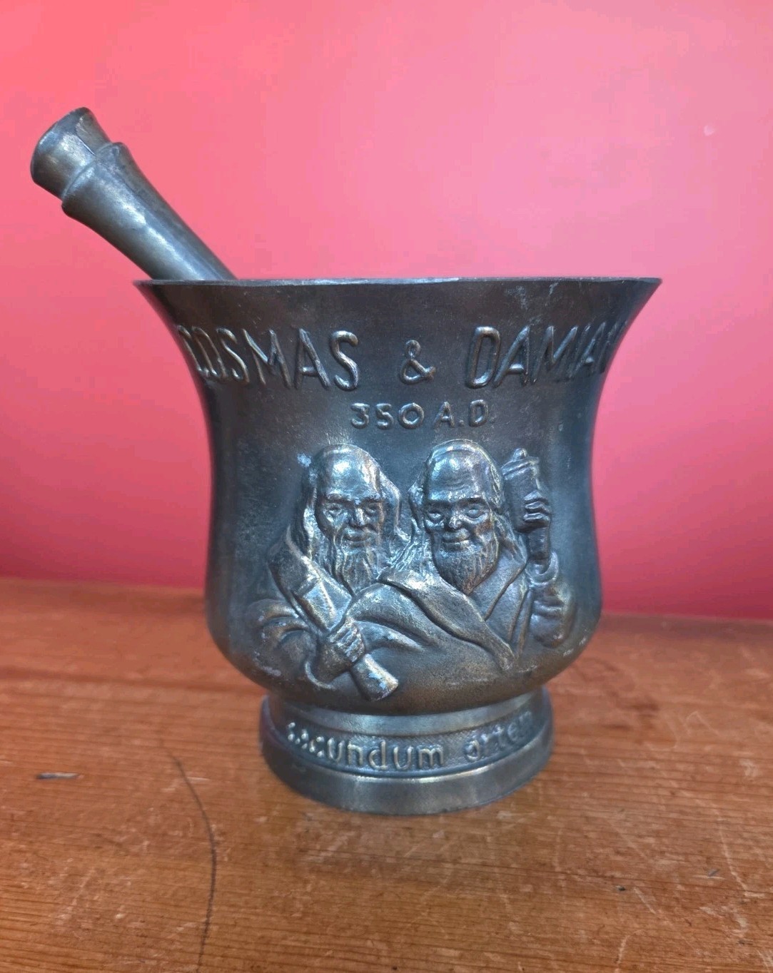 Vintage-Collectible-Brass Mortar and Pestle-RX Cosmas & Damian 350 AD