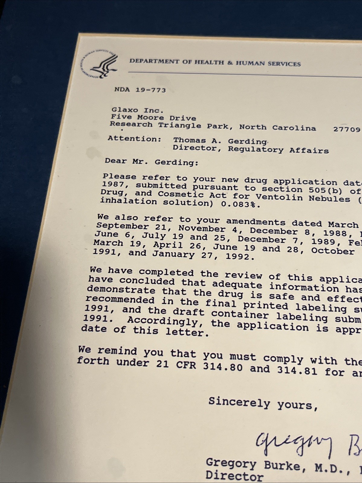 Paper FDA Approval Letter, 11×13 Matted