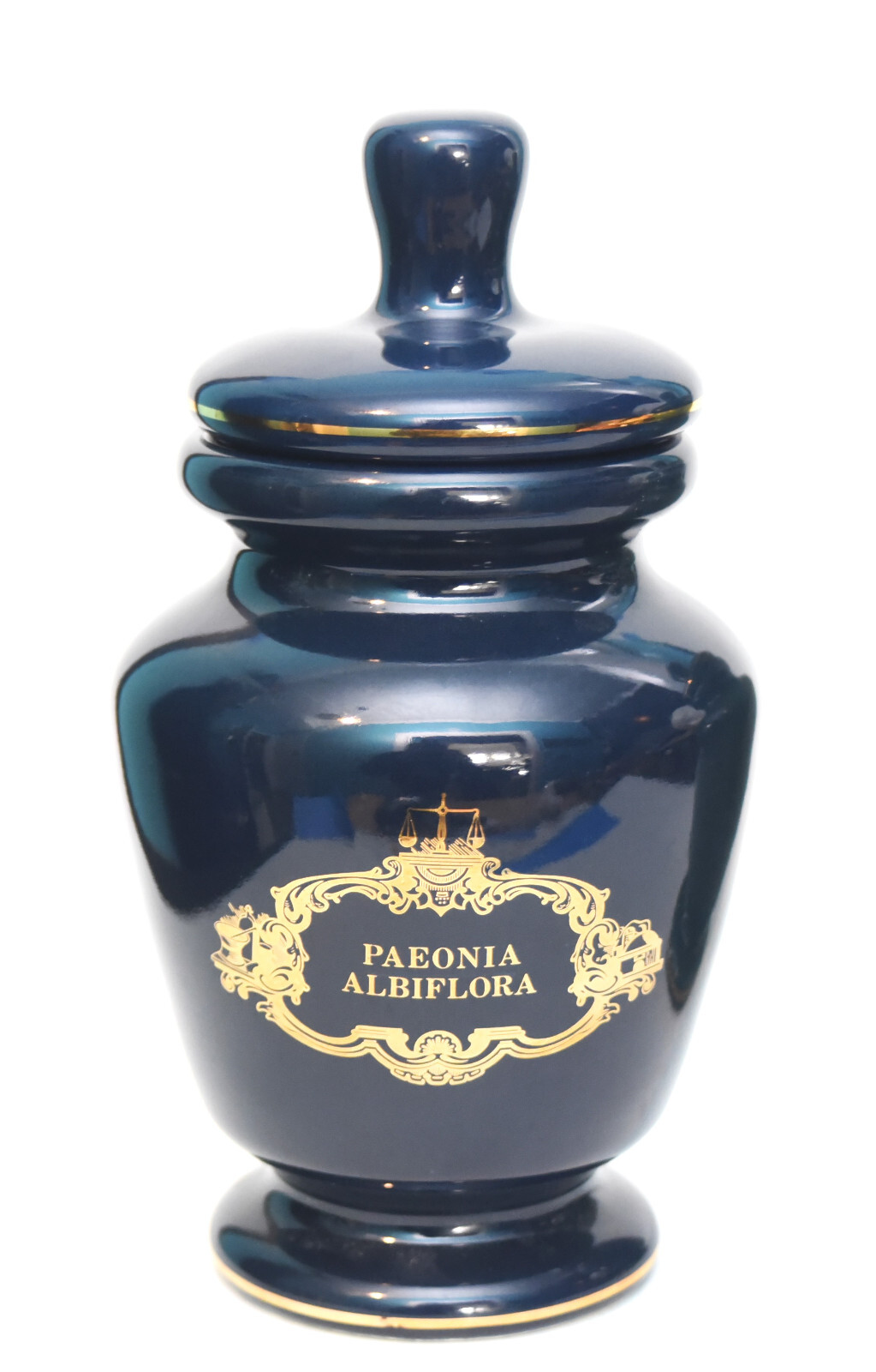 VINTAGE NOS ELI LILLY PAEONIA ALBIFLORA NUMBERED APOTHECARY LIDDED JAR BLUE