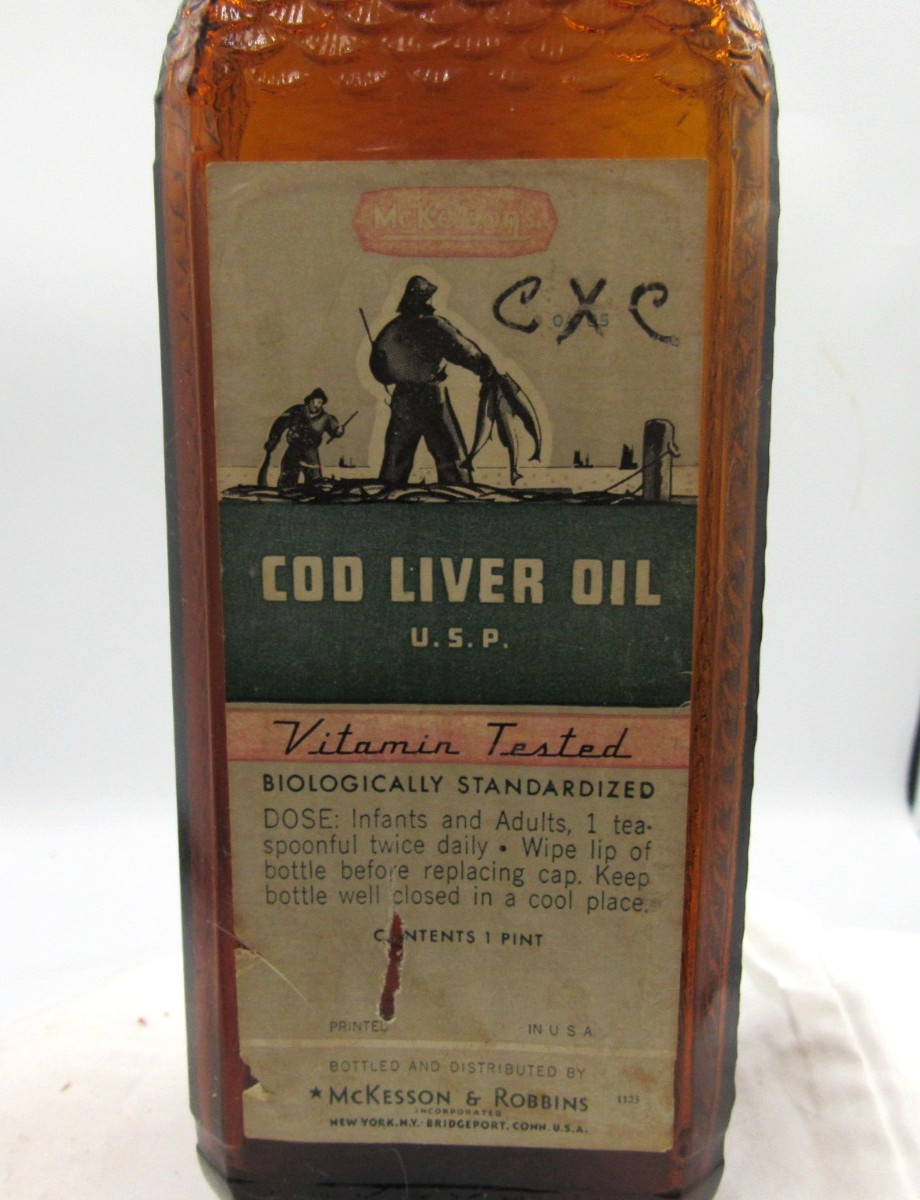 1930’s McKesson & Robbins New York Cod Liver Oil FISH 9″ Amber Medicine bottle