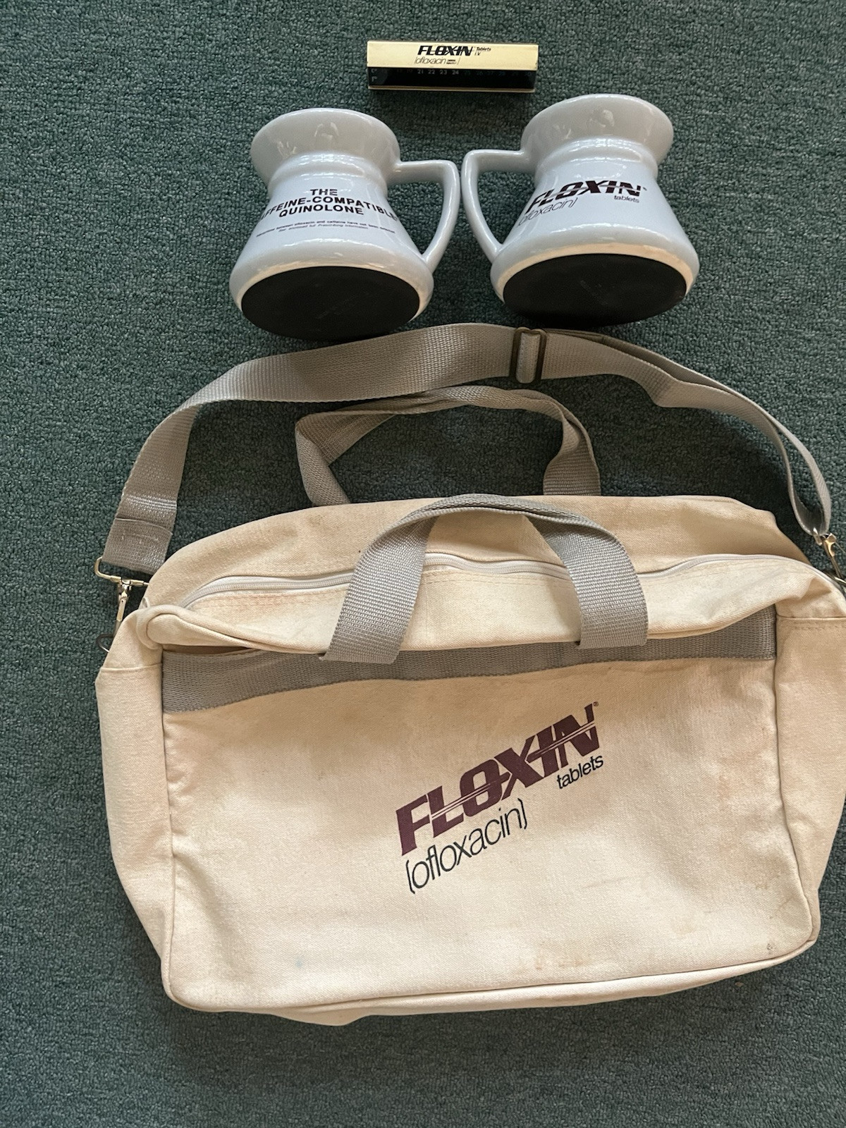 Drug rep Floxin 2 ceramic mugs, paperweight thermometer, canvas laptop bag