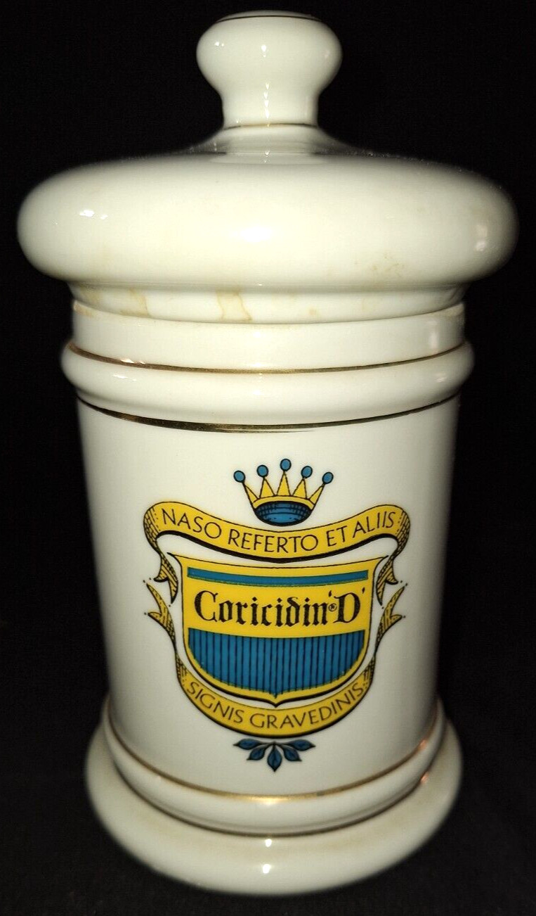 VTG RX APOTHECARY JAR MD CORICIDIN-D 6.5″ GOLD TRIM w/LATIN PHARMACY DRUG STORE