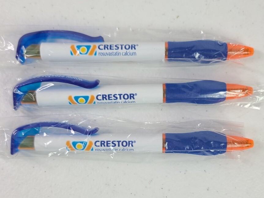 3 NEW Crestor Pens Clip Soft Grip Orange Blue White Rosuvastatin Drug Rep