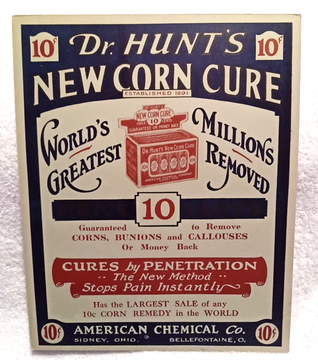 Dr. Hunt’s New Corn Cure American Chemical Co. Vtg Poster Sidney Shelby Co. Ohio