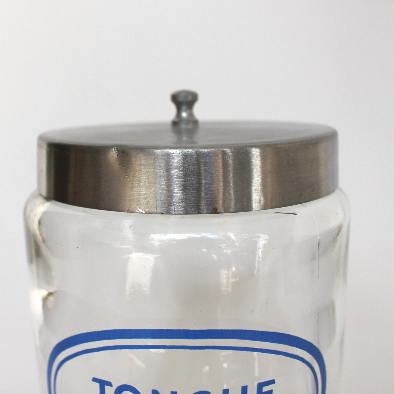 Grafco Medical Apothecary Glass Jar Stainless Lid Blue Letters Tongue Depressors
