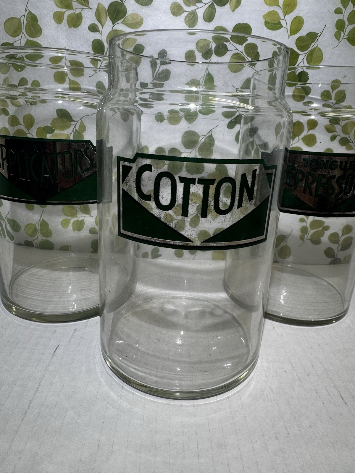 Vintage Set Of 3 Apothecary Jars Cotton Applicators Tounge Depressors Glass