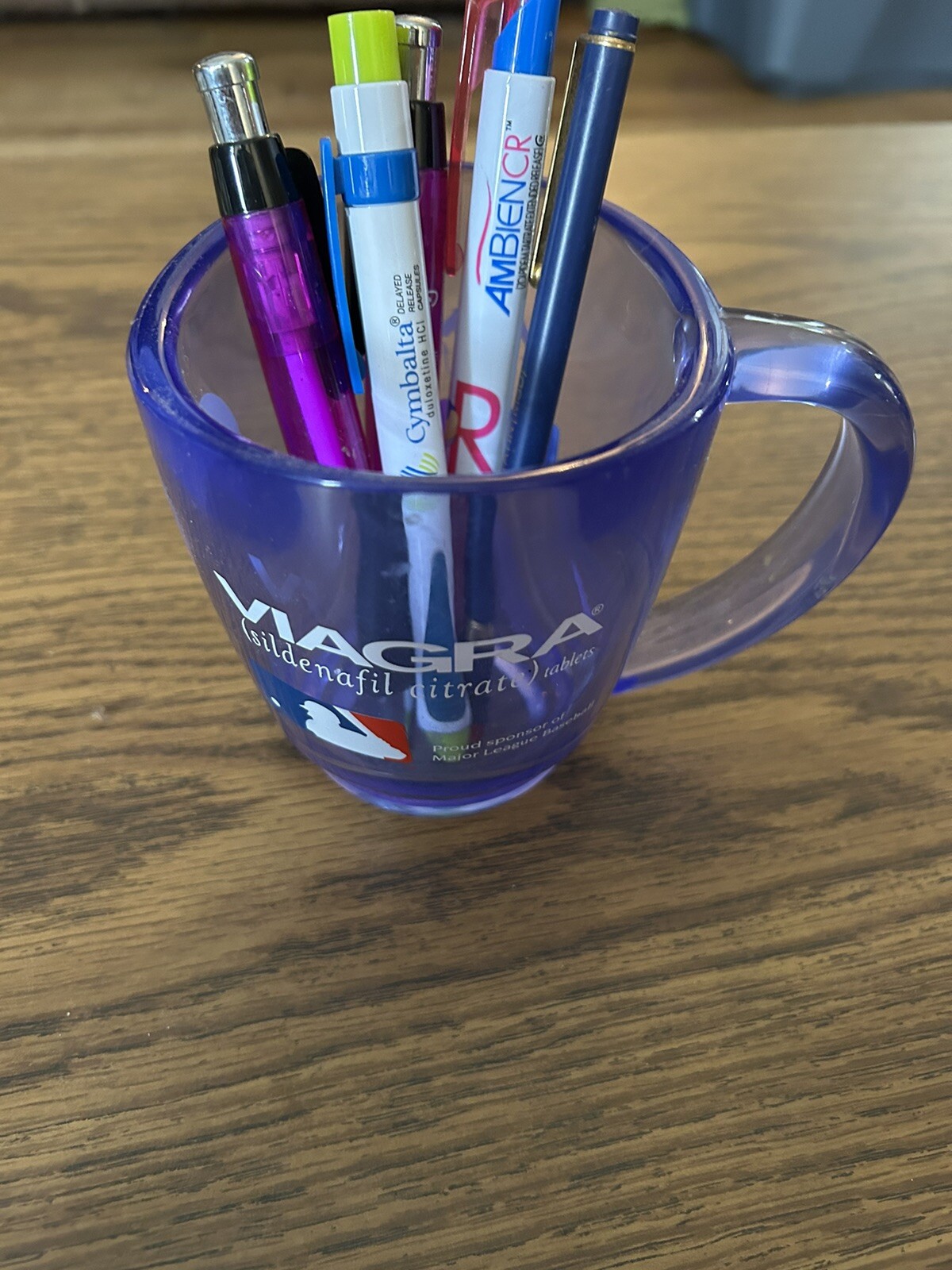 Mixed Lot Pharma Pens, Pointer, Viagra MLB Blue Tinted Plastic Coffee Mug