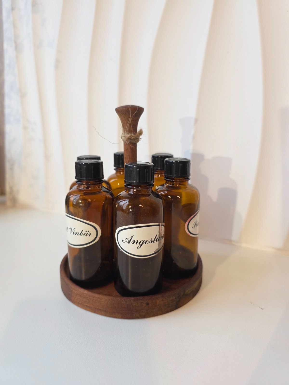 Rare Swedish 1960s apothecary tincture bottles set in wooden stand