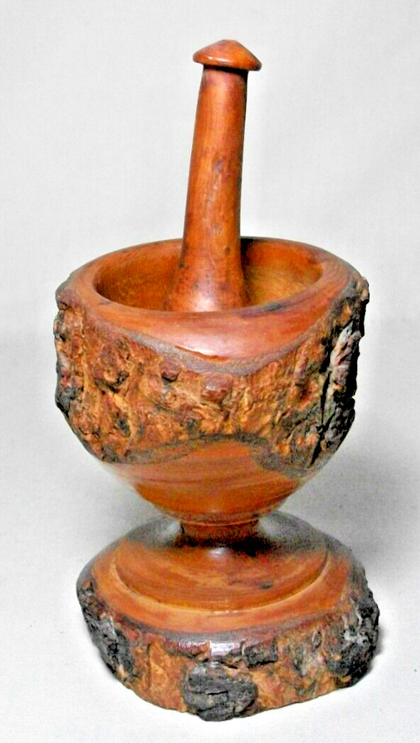 VINTAGE WOOD WITH BARK MORTAR & PESTLE SET