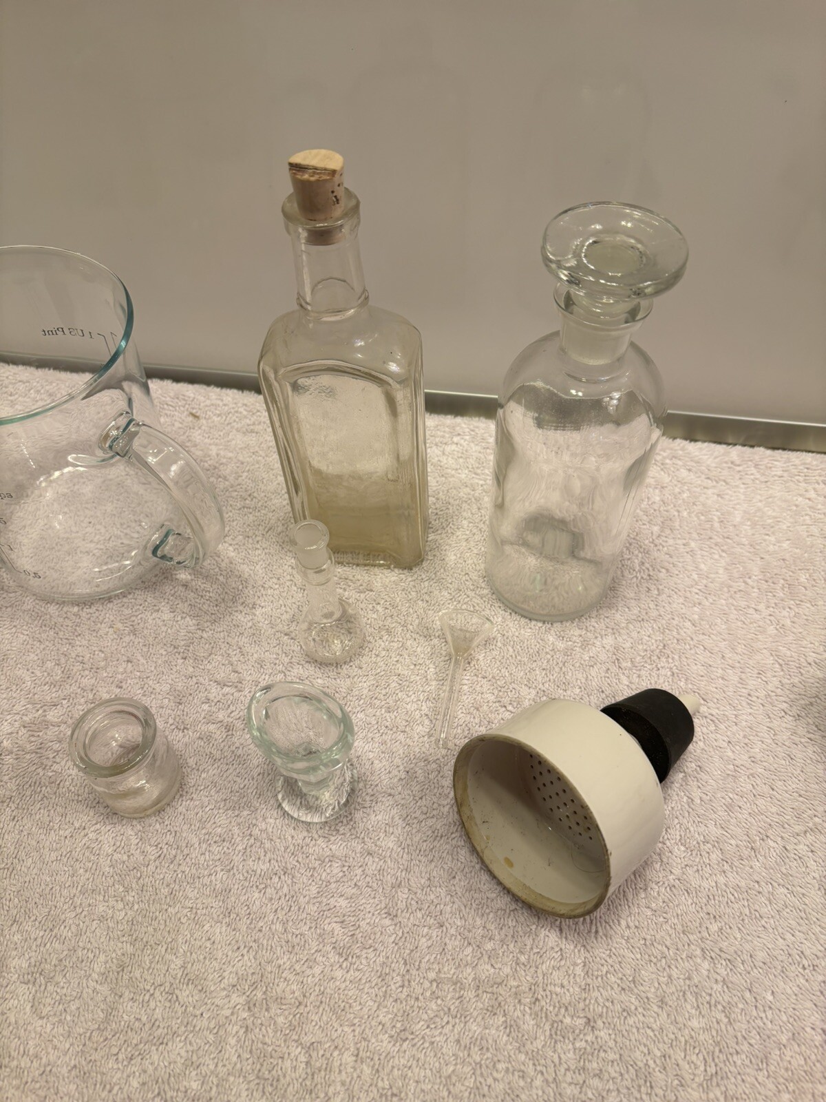 Vintage Pharmacist lot 10 Pcs. Drugstore Bottles And Measuring Cup.