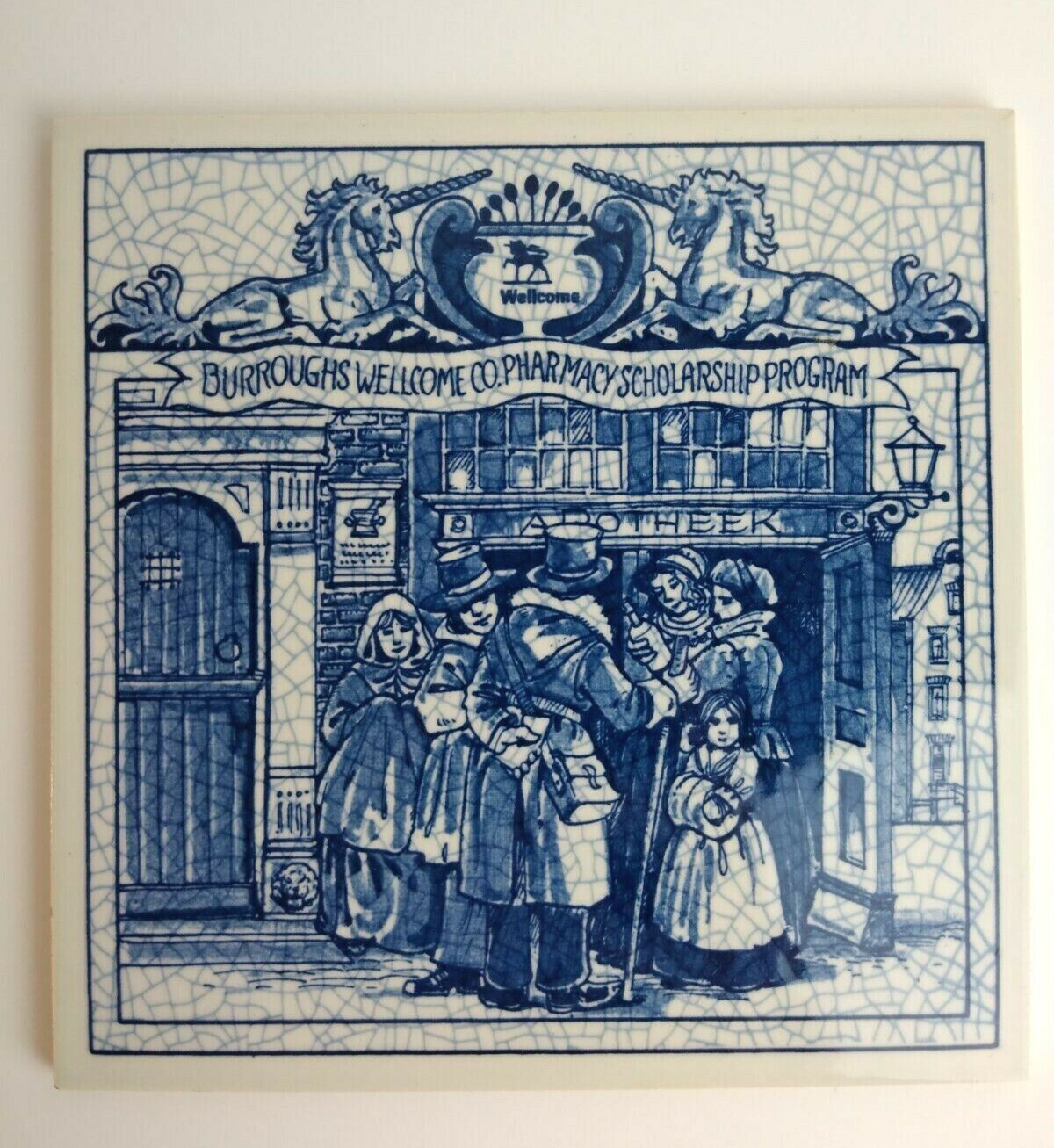 Vintage Blue Delfts tile Burroughs Wellcome Co Pharmacy scholarship program 1992
