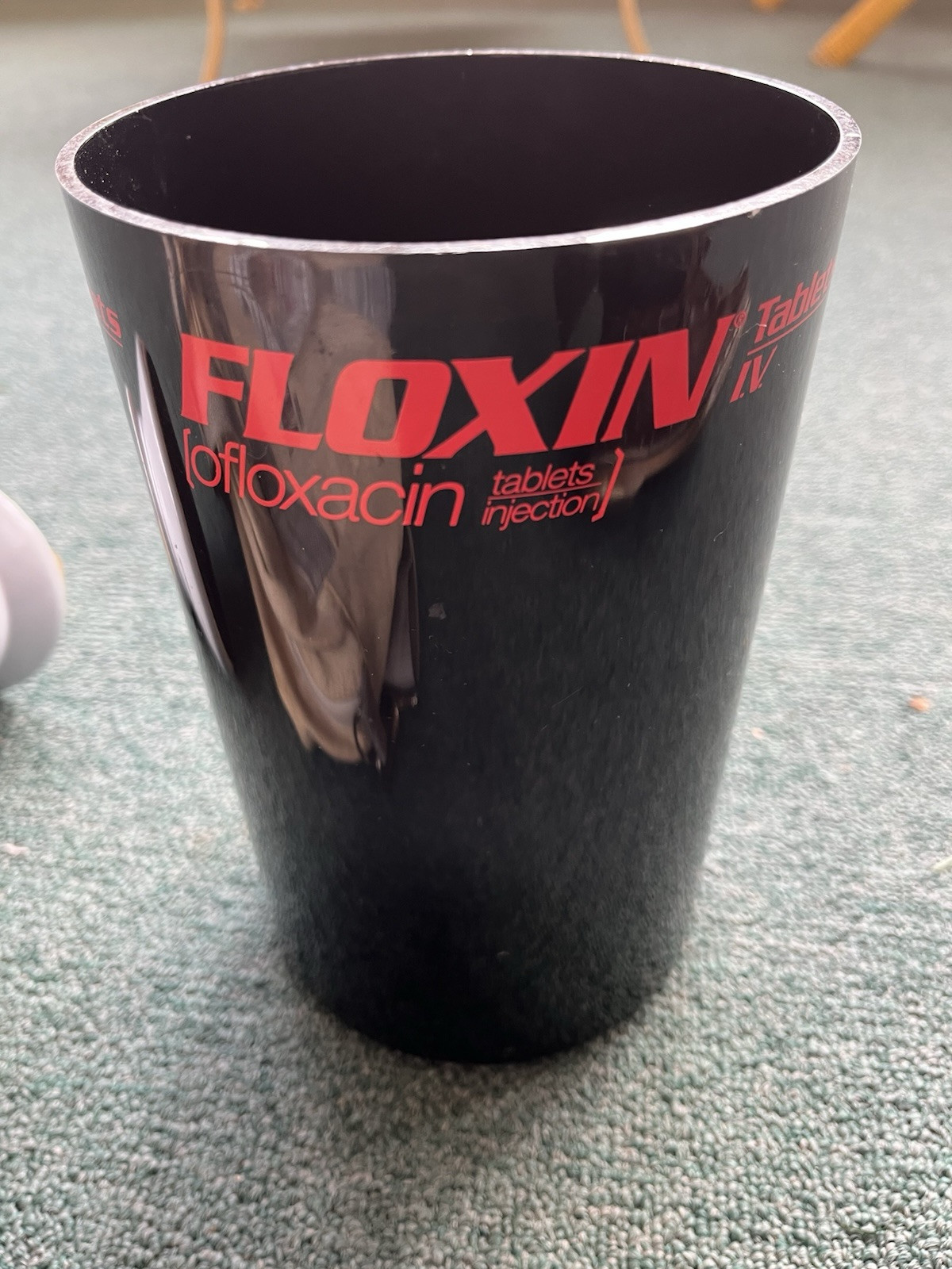 Drug rep Floxin 2 ceramic mugs, paperweight thermometer, canvas laptop bag