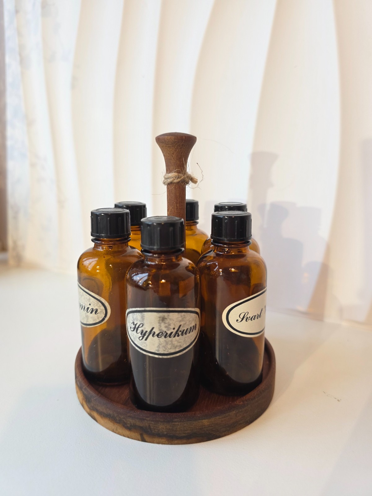 Rare Swedish 1960s apothecary tincture bottles set in wooden stand