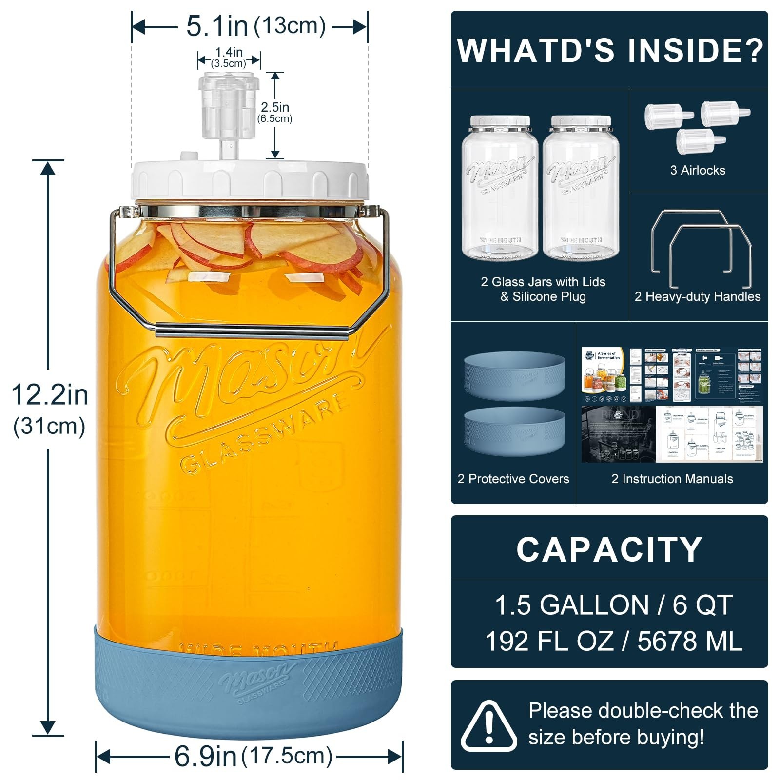 2 Pack 1.5 Gallon Large Fermentation Jars with Airtight Lids & Airlocks, Wide…