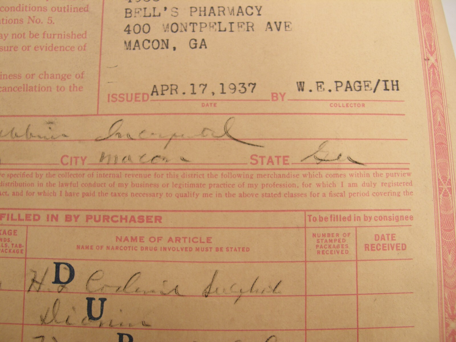 VINTAGE 1936 US TREASURY DEPT REVENUE FORM COCA LEAVES OR OPIUM MACON GEORGIA