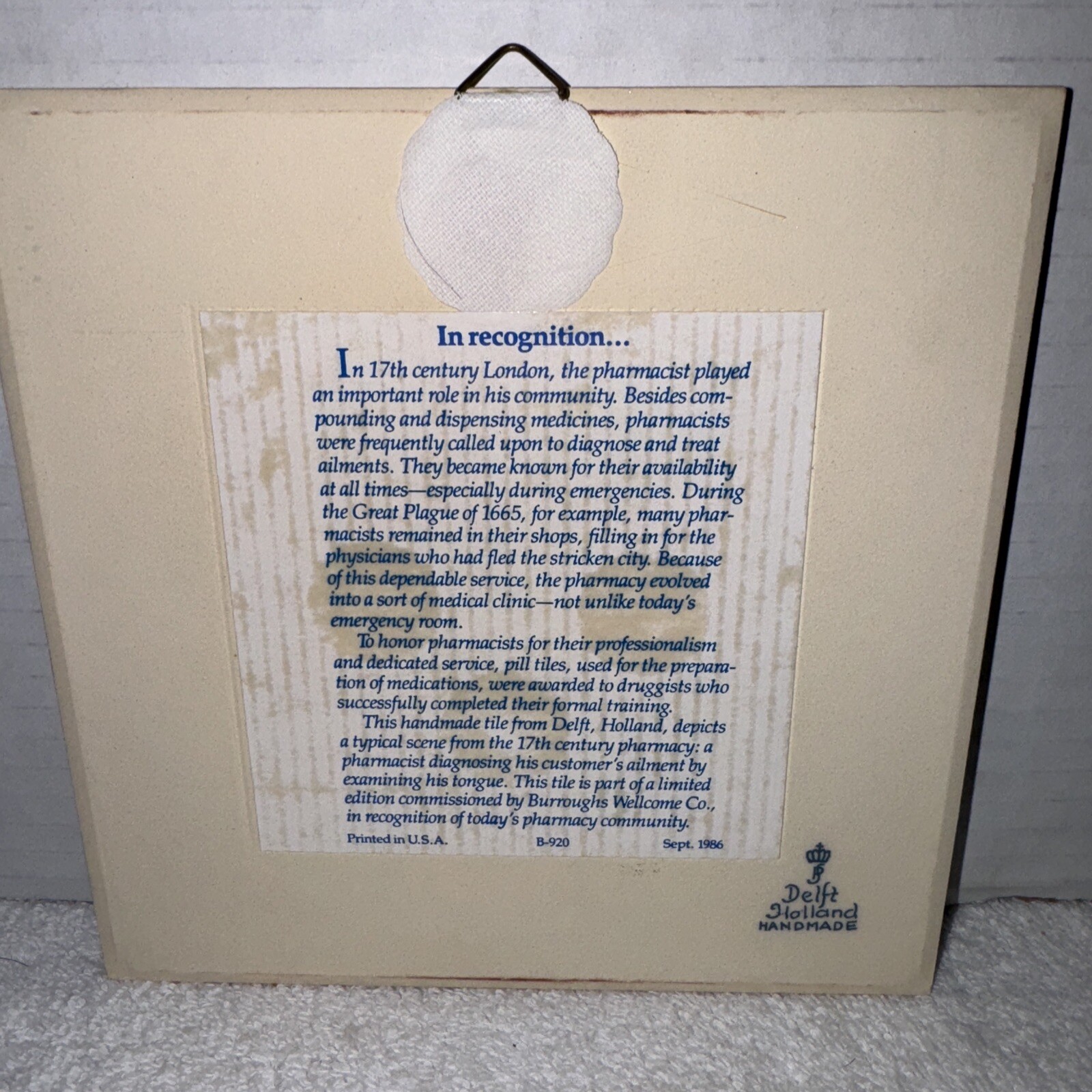 1986 BURROUGHS WELLCOME Pill Tile THE PHARMACIST DIAGNOSING Delft Holland (L-2)