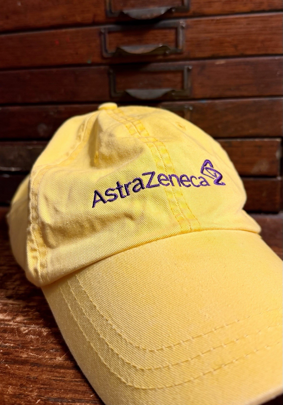 Astra Zeneca Pharmaceutical Promo Hat Yellow One Size Adjustable Embroidered