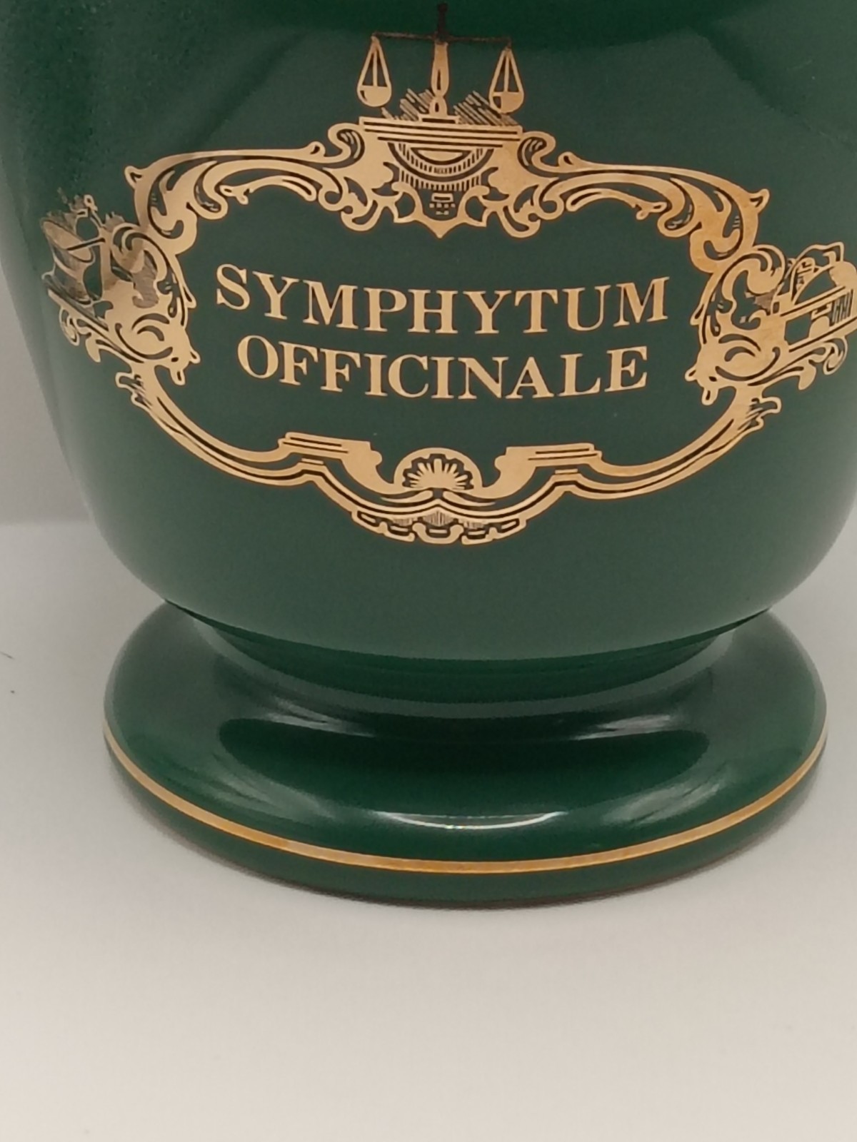 VTG Eli Lilly Ceramic Green Gold Trim Apothecary Jar-Symphytum Officinale #5-179