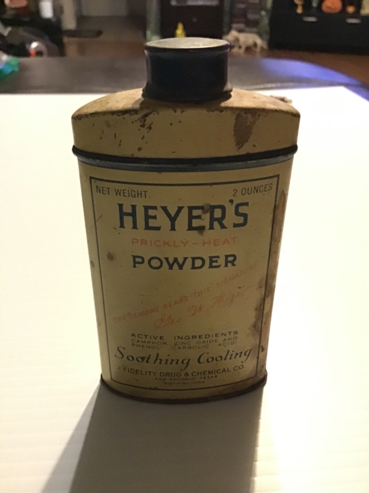 Vintage Heyer’s Prickly-Heat Powder Tin, 2 oz. empty, 4 1/2” tall $7 Shipping